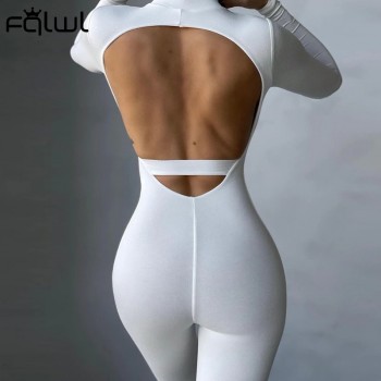 FQLWL Long Sleeve White Backless Jumpsuit Women Romper One Piece Outfit Ladies Sexy Bodycon Black Brown Jumpsuit Female 2021